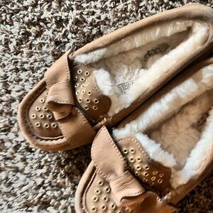 UGG Brown Suede Slippers with Gold Accents